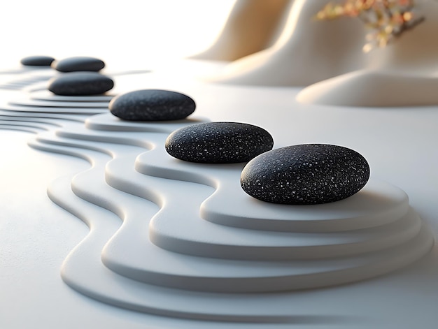 Photo a serene and contemplative meditation garden with zen stones and carefully raked sand white