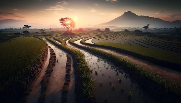 A serene contour of paddy fields during sunset