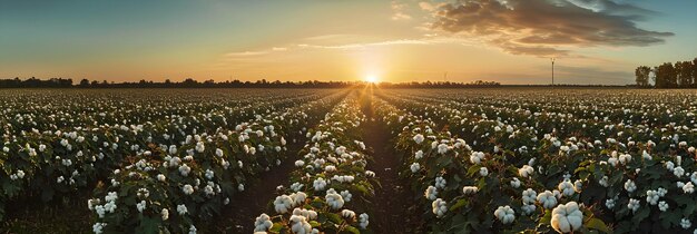 Photo serene cotton field in full bloom under a clear blue sky at sunset depicting agricultural abundance