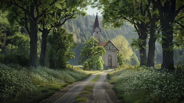 Serene Country Road Leading to Charming Church Painting