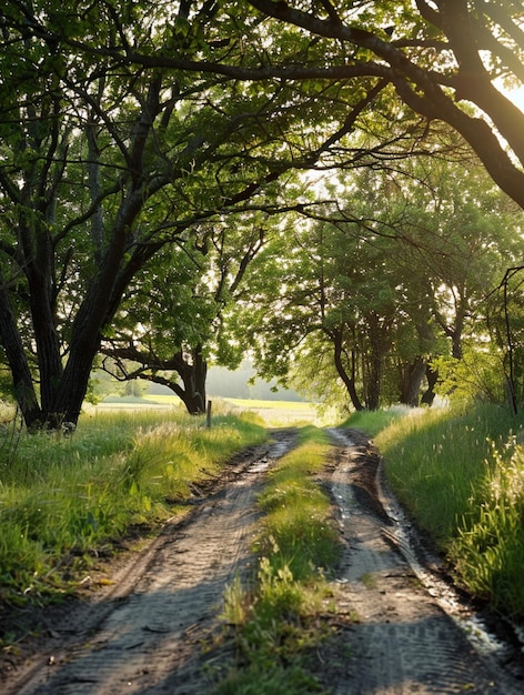 Serene Country Road Surrounded by Lush Greenery and Sunlight