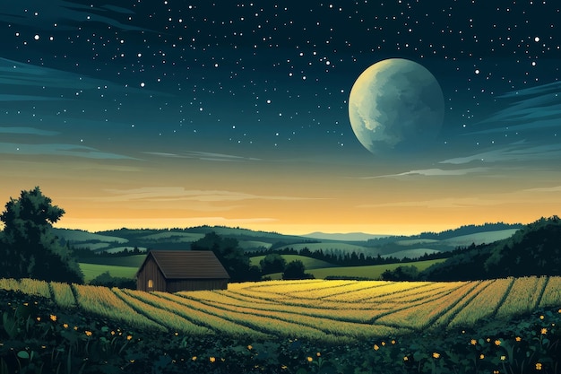 A serene countryside landscape at night with a full moon distant hills a small house and a field of crops