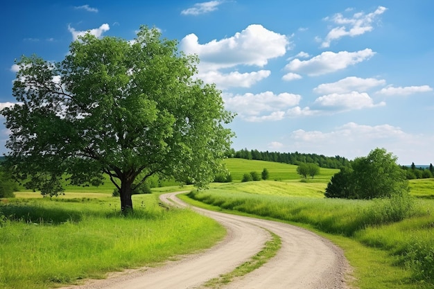 Serene countryside landscape with rolling hills and a winding country road