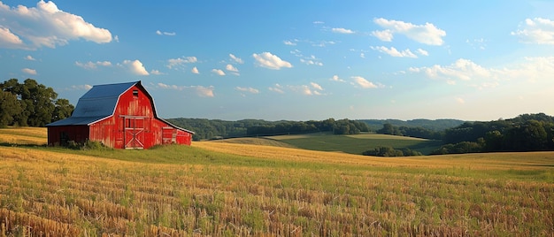 Photo serene countryside landscape with rustic barn and clear blue sky