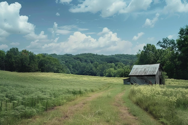 Serene countryside landscape with rustic barn