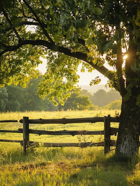 Photo serene countryside landscape with sunlit tree and rustic fence