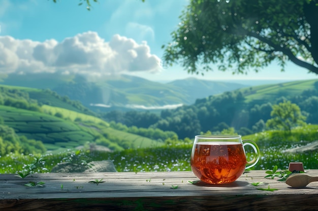 Serene Countryside Morning with Transparent Teapot and Scenic Valley View Sunlight Bathing Lush