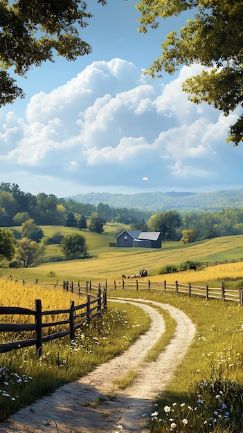 Photo serene countryside path leads to a rustic farmhouse under blue skies