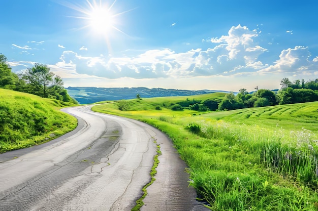 Photo serene countryside road winding through lush green fields on a sunny day