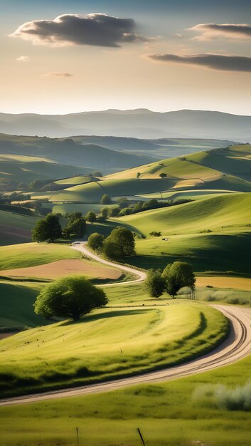 Photo serene countryside rolling hills dirt road