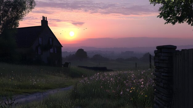 Photo serene countryside at sunset with a quaint house and flowers