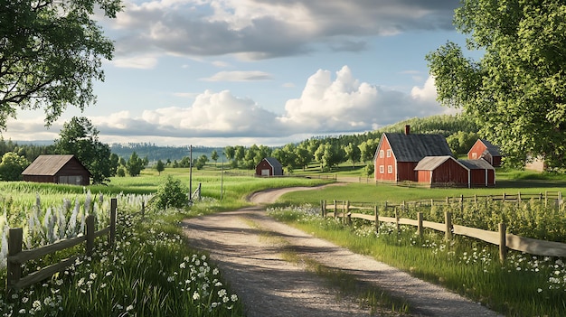 Photo serene countryside with red barns and a winding dirt road