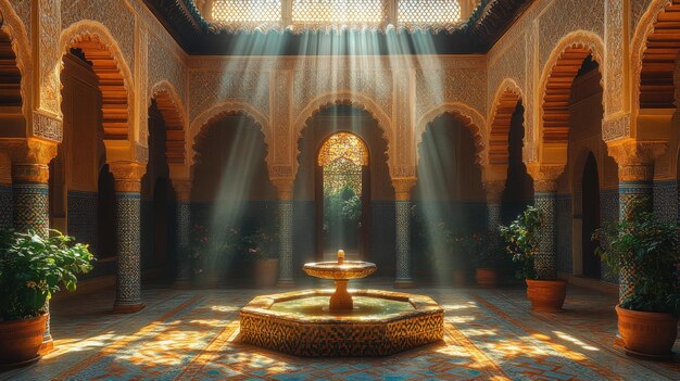 Serene courtyard with a fountain and sunlight streaming through arches