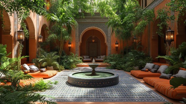 Photo serene courtyard with lush greenery and a central fountain