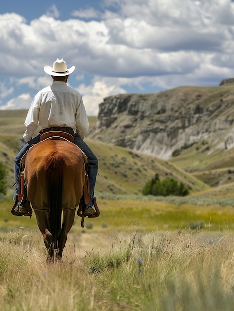 Serene Cowboy Landscape Riding into the Horizon with Majestic Mountains and Open Fields