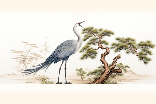 Photo a serene crane under a twisted pine tree in a watercolor landscape on white or png transparent background