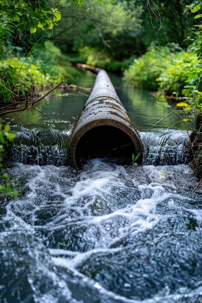 A serene creek receiving effluent from a drainage pipe contrasting the natural beauty