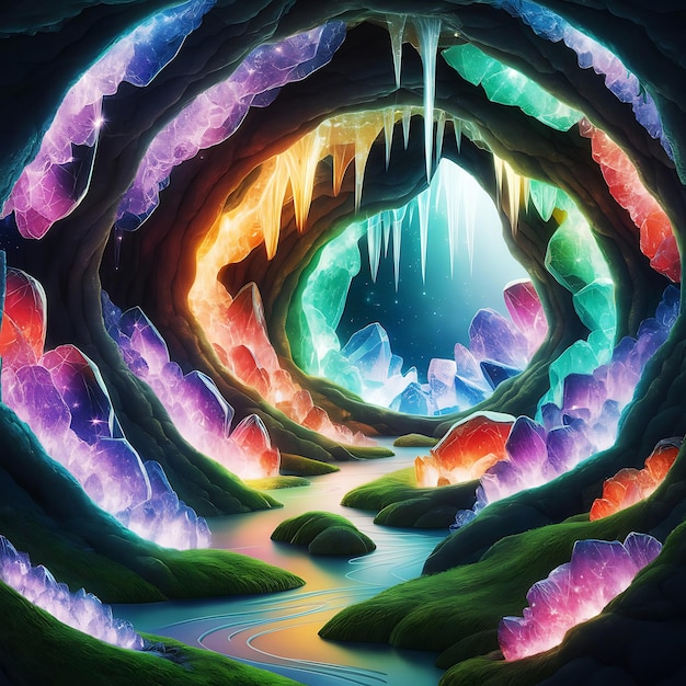 Photo a serene crystal cave glows with vibrant geodes and ethereal light