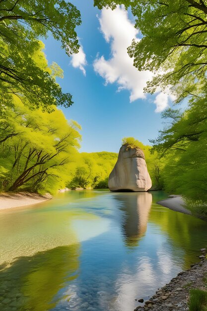 Photo a serene crystalclear river flows gently around a prominent rock formation