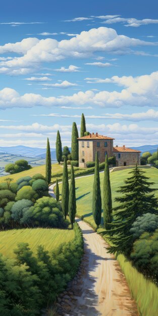 Serene Cypress Trees Precise Architecture Paintings And Idyllic Rural Scenes