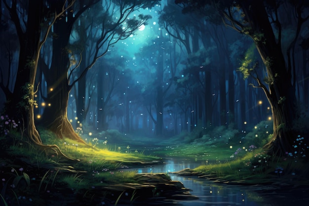 Serene Dark Forest With Majestic Stream Amidst Natures Tranquility An enchanting moonlit forest with fireflies hovering around AI Generated