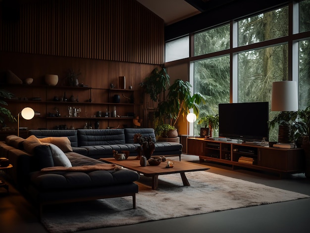 Serene dark wood living room offering a tranquil retreat AI Generative