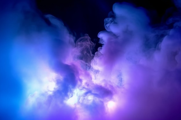 Serene darkness enveloped by purple and blue searchlights amidst smoke