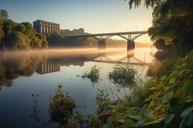 Serene dawn majestic river bridge and nature intertwined generative IA