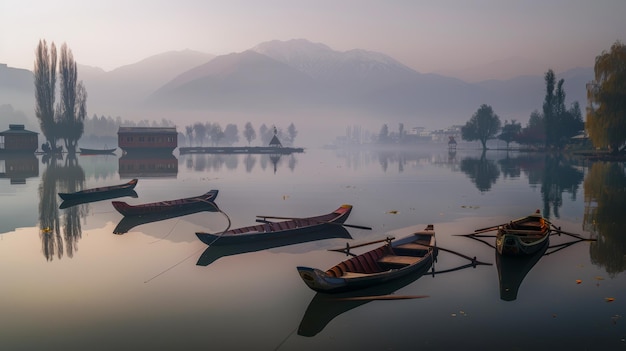 Photo serene dawn over misty dal lake with houseboats and snowcapped mountains