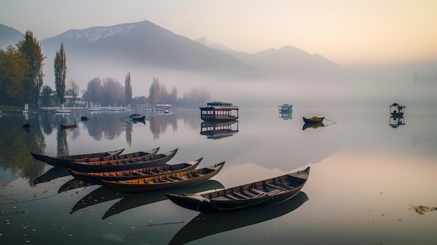 Photo serene dawn over misty dal lake with houseboats and snowcapped mountains