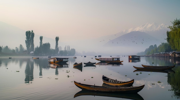 Photo serene dawn over misty dal lake with houseboats and snowcapped mountains