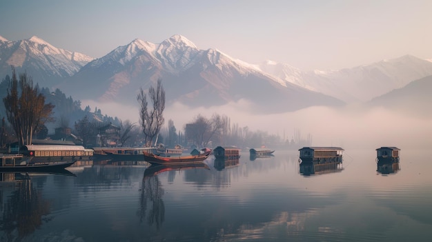 Serene Dawn Over Misty Dal Lake with Houseboats and SnowCapped Mountains