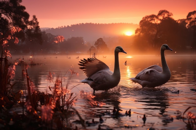 Serene dawn reflects on lake surrounded by hills birds cross pink sky generative IA