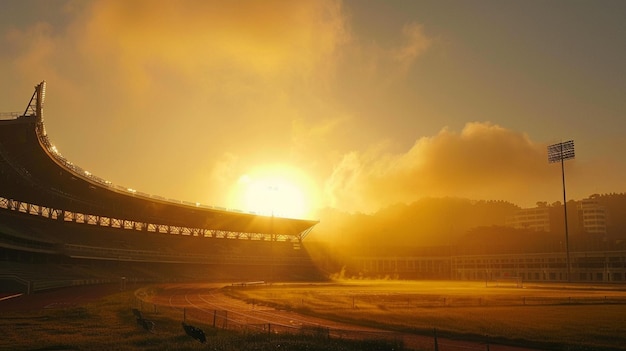 Photo serene dawn stadium sunrise with mist and setting sun