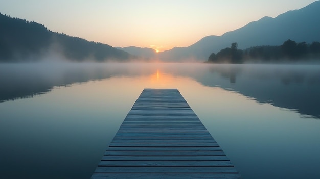 Photo serene dawn at wooden dock by still lake with misty mountains