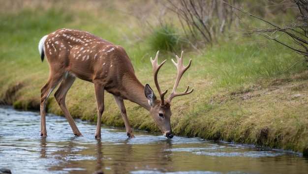 A serene deer drinking from a clear river in a lush natural setting