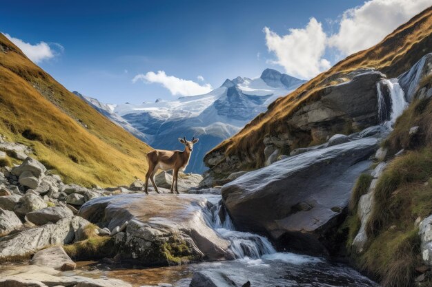 Serene deer on majestic mountain with waterfall generative IA