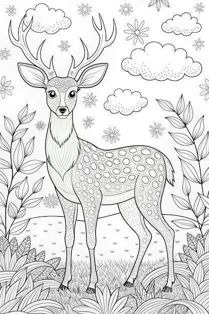 Serene Deer in Meadow Peaceful Coloring Page with Flowers and Grass