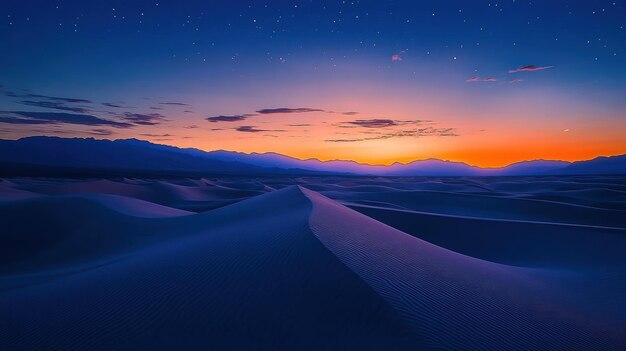 Photo a serene desert landscape at dusk showcasing sand dunes under a starry sky