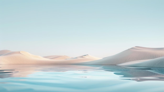 Photo serene desert landscape of smooth white sand dunes reflected on a tranquil water surface under a clear blue sky