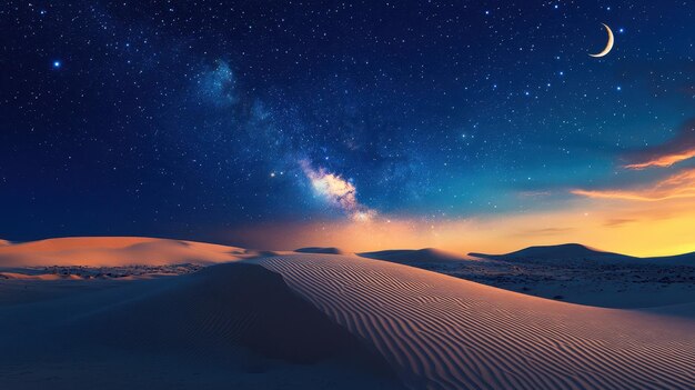 A serene desert landscape under a starry night sky with a crescent moon