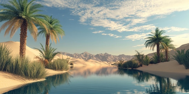 Photo serene desert landscape with palm trees and a tranquil water body reflecting the clear blue sky