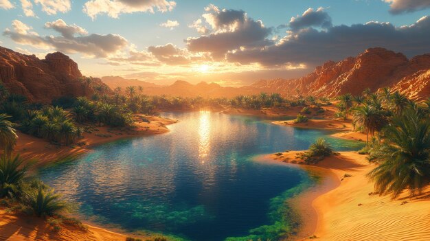 Photo serene desert landscape with a tranquil lake and palm trees