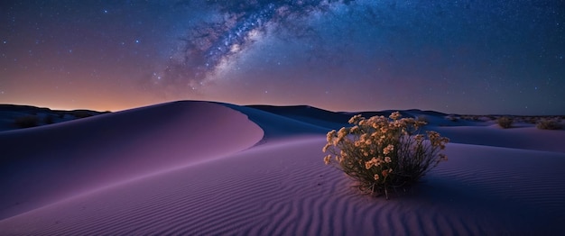 Photo a serene desert night scene showcasing a star filled sky and blooming flowers