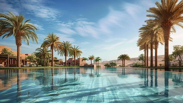 A serene desert oasis with palm trees swaying in the breeze and a shimmering pool reflecting the clear blue sky above