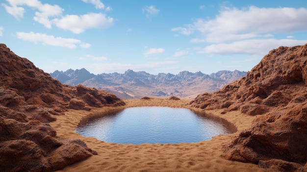 Serene desert oasis with tranquil lake and rugged mountains