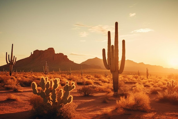 Photo serene desert with cacti silhouettes colourful beautiful background wallpaper