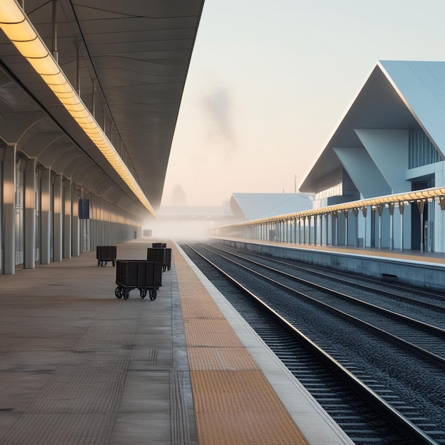 A serene deserted train station platform