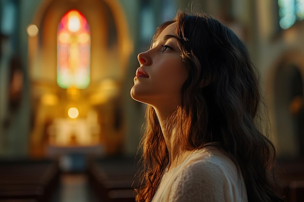 Photo serene devotion christian woman deeply engaged in prayer at a church