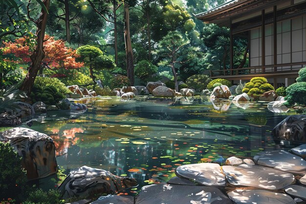 Photo a serene digital painting capturing the tranquility of the japanese zen gardens